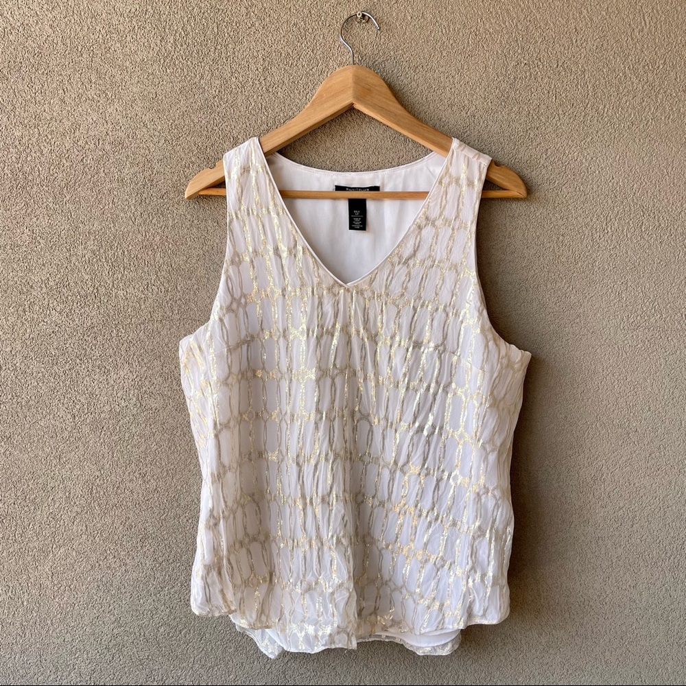 White House Black Market Gold and White Metallic Silk Sleeveless Blouse LP